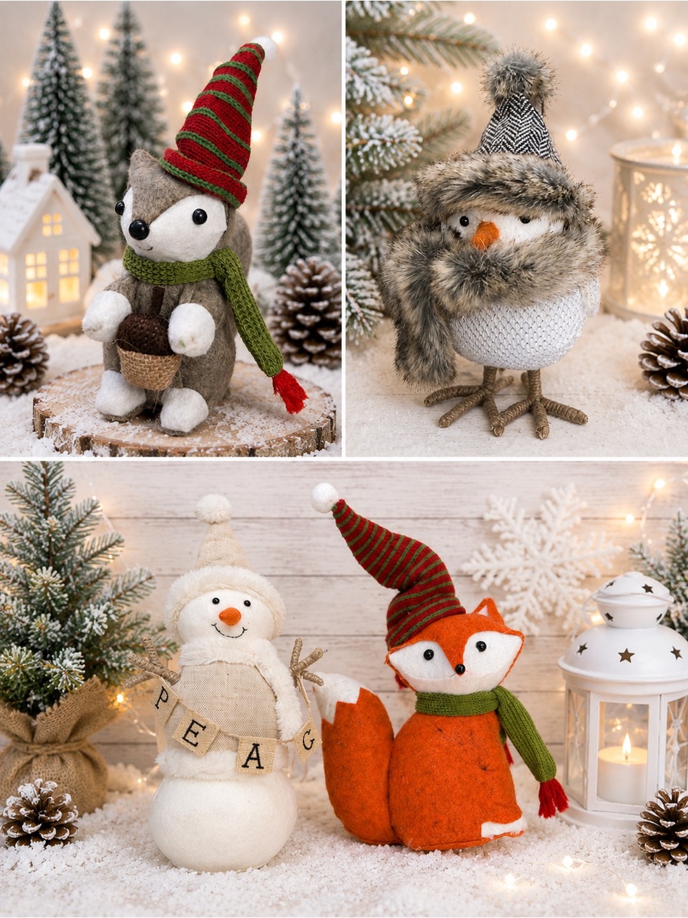 Winter Woodland Plush Decor Set – Fox, Snowman, Squirrel and Bird Figurines